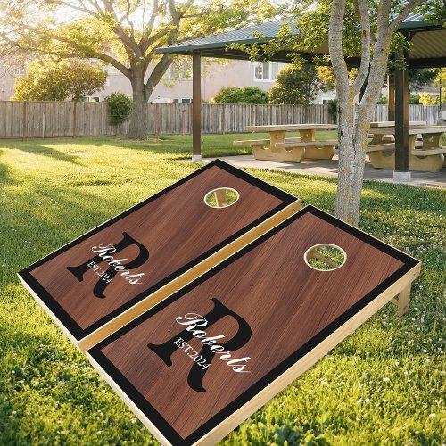 Monogram Family Name Grain Wood Wedding Cornhole Set