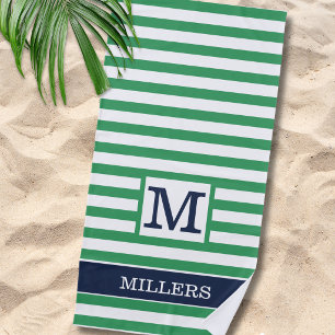 Monogram Family Name Green Navy Blue Cabana Stripe Beach Towel