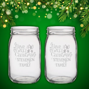 Monogram Family Name Have Sweet Christmas Etched  Mason Jar