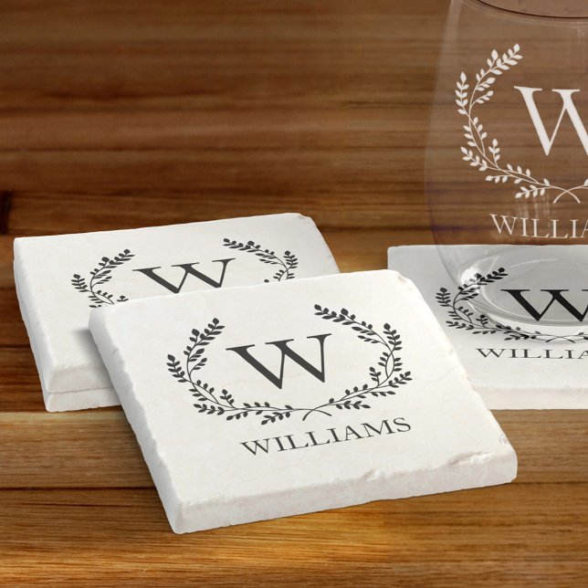 Monogram Family Name Laurel Wreath Crest Stone Coaster (Creator Uploaded)