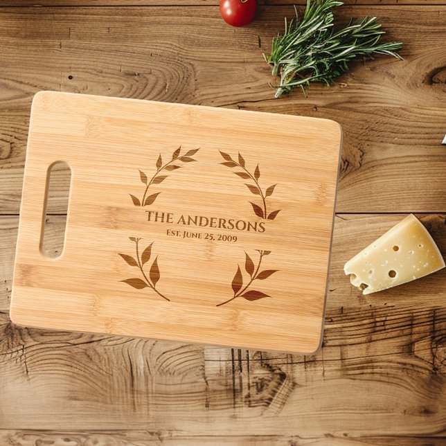 Monogram Family Name Laurel Wreath Date Engraved Cutting Board (Creator Uploaded)