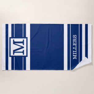 Monogram Family Name Navy Blue And White Striped Beach Towel