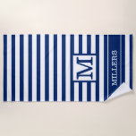 Monogram Family Name Navy Blue And White Striped   Beach Towel at Zazzle
