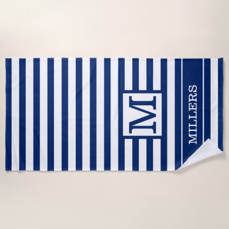 Monogram Family Name Navy Blue And White Striped   Beach Towel