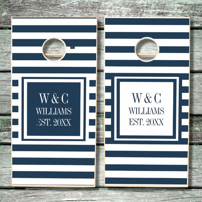 Monogram Family Name Navy Blue Stripe Cornhole Set (Creator Uploaded)
