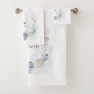 Monogram Family Name Ocean Coral Beach Lake House Bath Towel Set