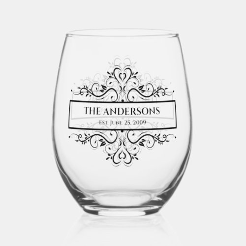 Monogram Family Name Ornate  Date Stemless Wine Glass