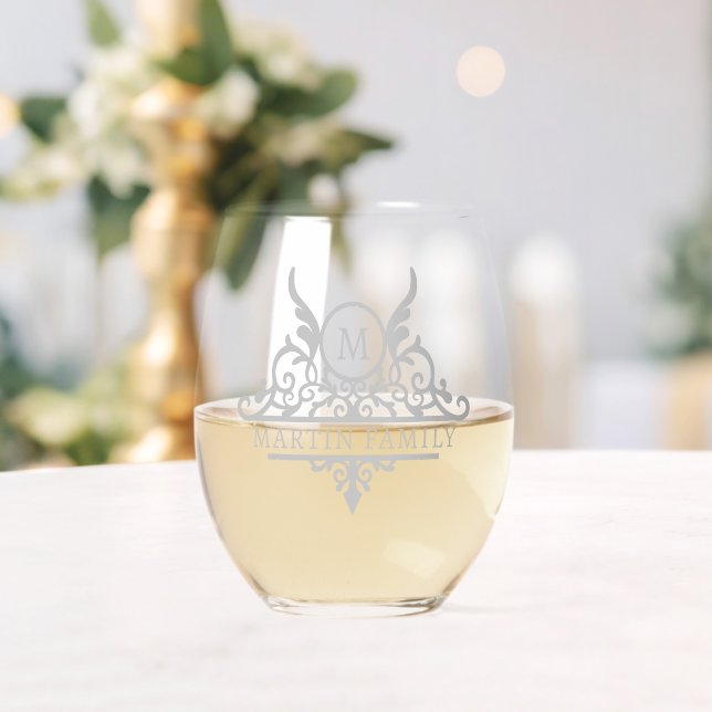 Monogram Family Name Ornate Personalized Stemless Wine Glass (Insitu (Wedding))