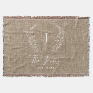 Monogram family name personalized rustic jute throw blanket