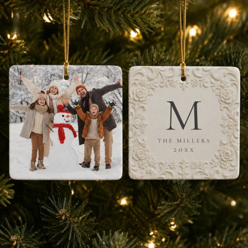 Monogram Family Name Photo Baroque Wedding Ceramic Ornament