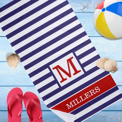 Monogram Family Name Red Blue Cabana Stripe    Beach Towel