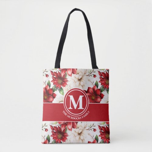 Monogram Family Name Red Green Floral Red Pattern  Tote Bag