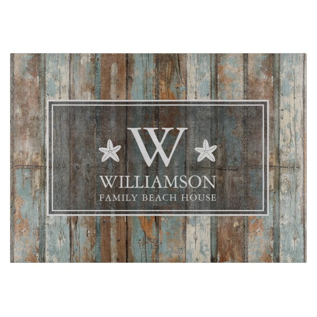 Monogram Family Name Rustic Boho Wood Beach House Cutting Board (Front)