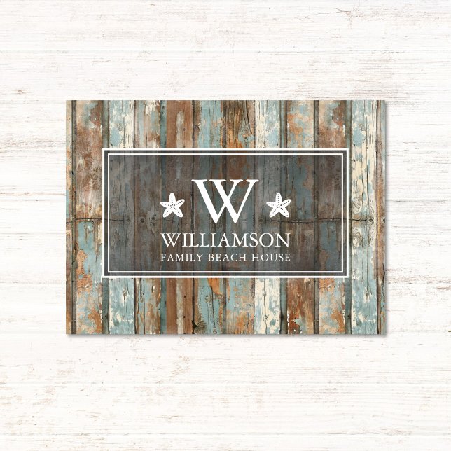 Monogram Family Name Rustic Boho Wood Beach House Doormat (Creator Uploaded)