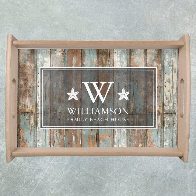 Monogram Family Name Rustic Boho Wood Beach House Serving Tray (Creator Uploaded)
