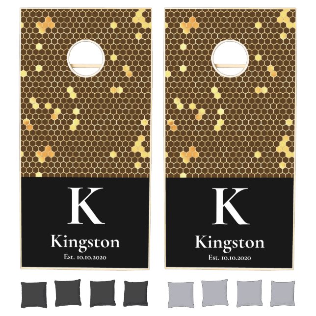 Monogram Family Name Rustic Gold Bees Pattern Cute Cornhole Set (Set)