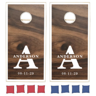 Monogram Family Name Rustic Wood Cornhole Set
