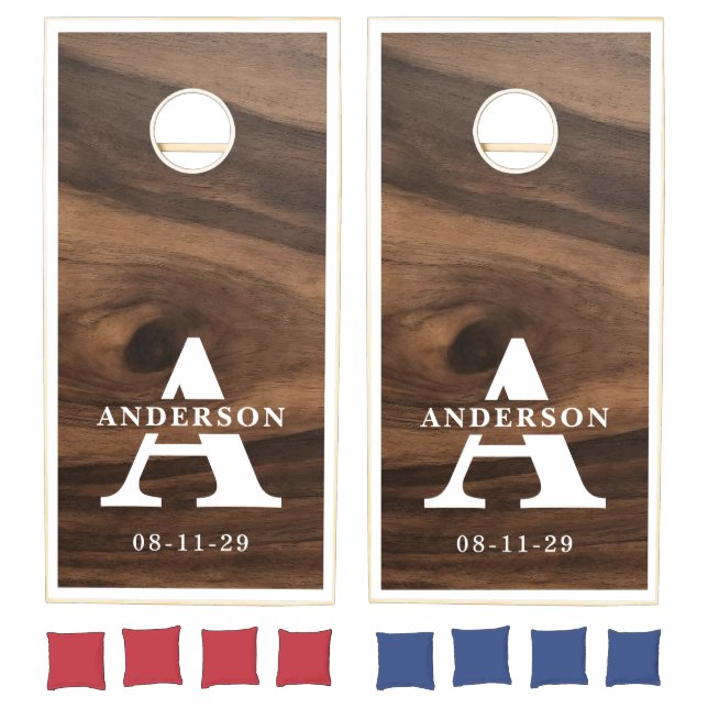 Monogram Family Name Rustic Wood Cornhole Set (Set)