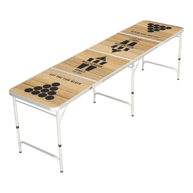 Monogram Family Name Rustic Wood Mountains Country Beer Pong Table (Angled)