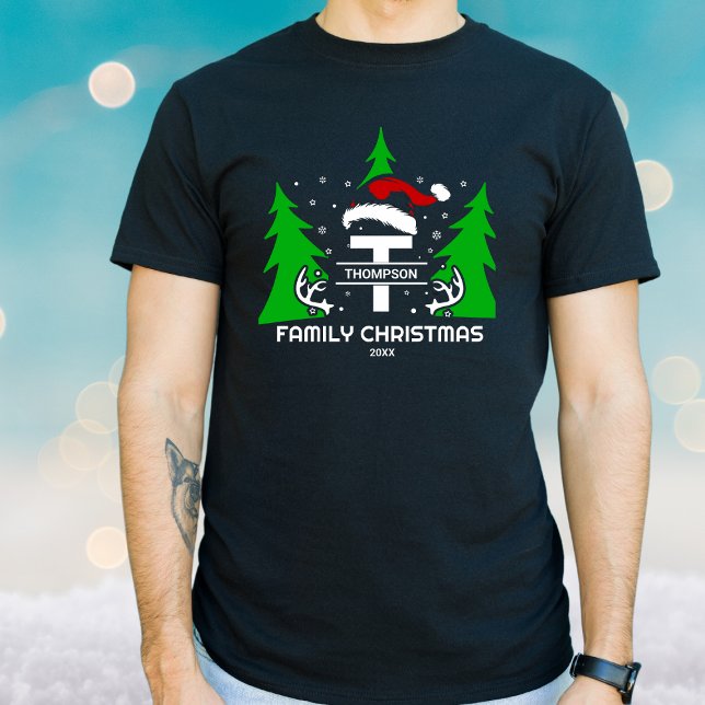 Monogram Family Name Santa Hat Year Christmas T-Shirt (Creator Uploaded)