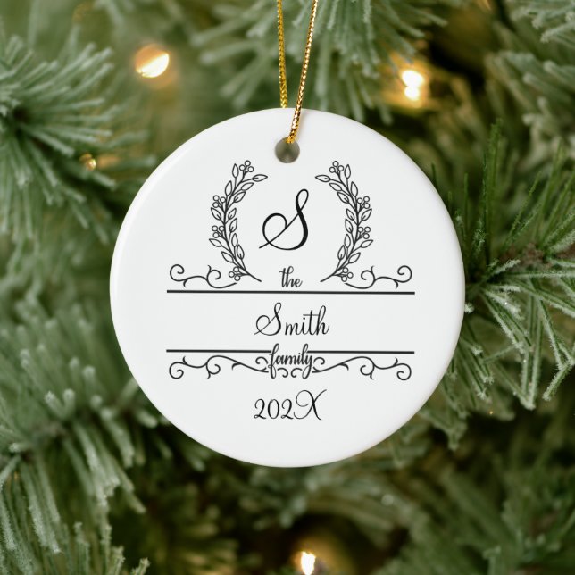 Monogram Family Name Script font Leaves Christmas  Ceramic Ornament (Tree)