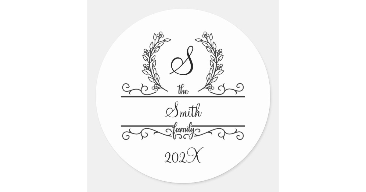 Monogram Family Name Script font Leaves Classic Round Sticker | Zazzle Monogram Family Name Script font Leaves  Classic Round... 