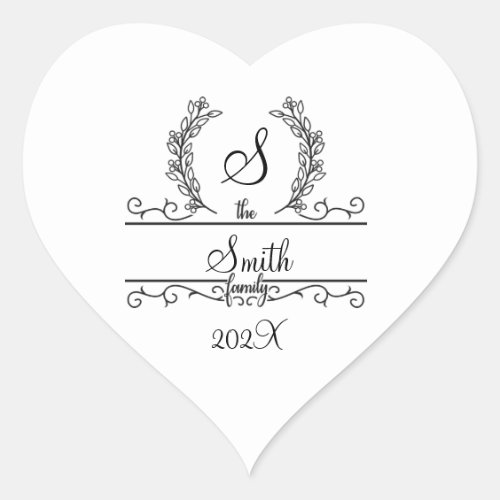 Monogram Family Name Script font Leaves  Heart Sticker