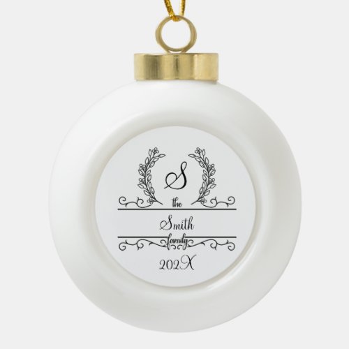 Monogram Family Name Script font Leaves Holiday Ceramic Ball Christmas Ornament