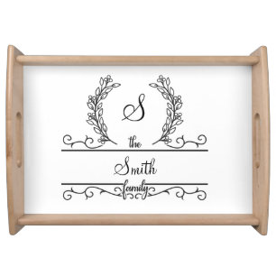 Monogram Family Name Script font Leaves Serving Tray