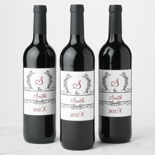 Monogram Family Name Script font Leaves  Wine Label