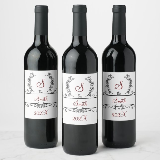 Monogram Family Name Script font Leaves  Wine Label (Bottles)