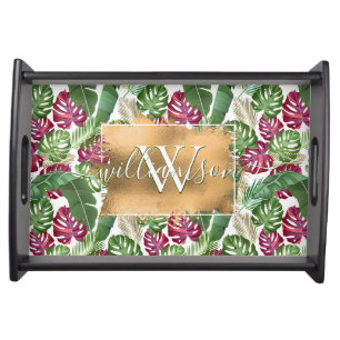  Monogram Family Name Tropical Greenery Serving Tray
