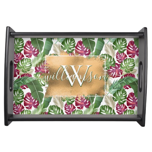  Monogram Family Name Tropical Greenery Serving Tray (Front)