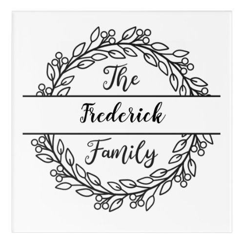 Monogram Family Name Wreath Black White Leaves Acrylic Print