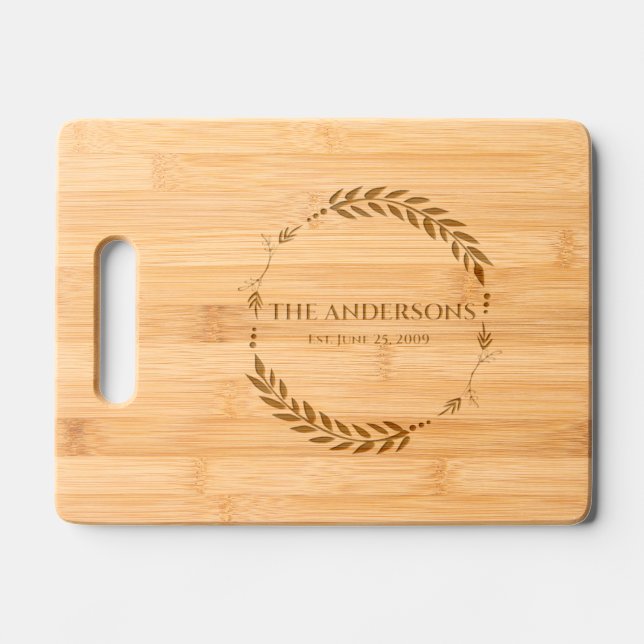 Monogram Family Name Wreath Date Engraved Cutting Board (Front)