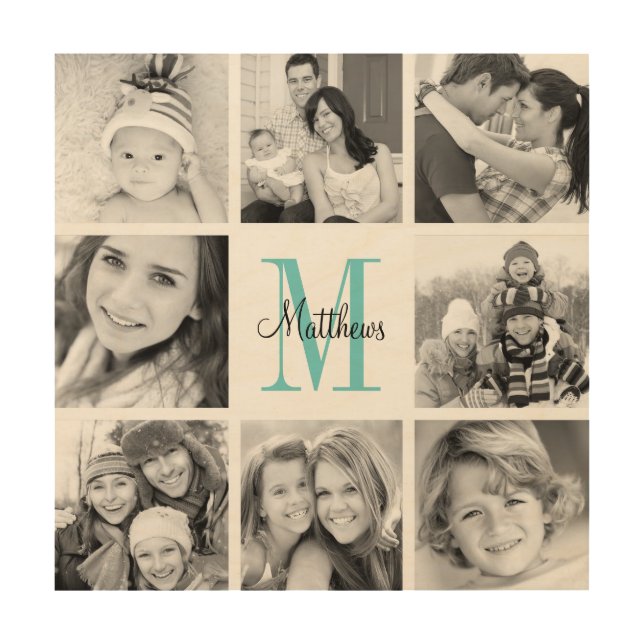 Monogram Family Photo Collage Art Print on Wood (Front)