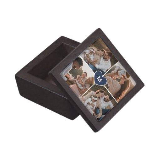 Monogram Family Photo Collage Blue Heart Magnetic Gift Box
