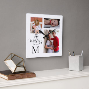 Monogram Family Photo Collage Square Wall Clock