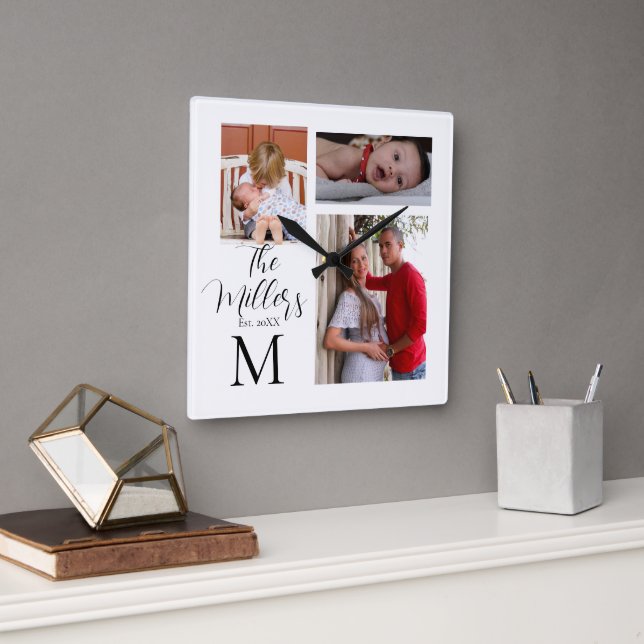 Monogram Family Photo Collage   Square Wall Clock (Office)