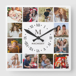 Monogram Family Photo Collage Square Wall Clock