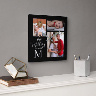 Monogram Family Photo Collage   Square Wall Clock