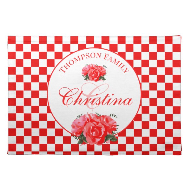Monogram Family Retro Red White Checkered Placemat (Front)