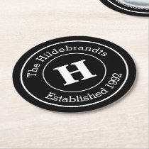 Monogram Family Surname Mod BW Personalized Round Paper Coaster Monogram Family Surname Mod BW Personalized Round Paper Coaster