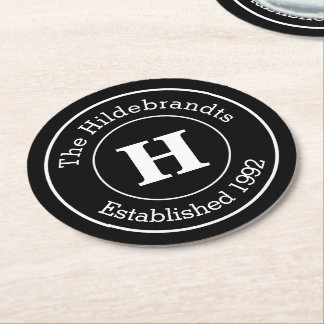 Monogram Family Surname Mod BW Personalized Round Paper Coaster