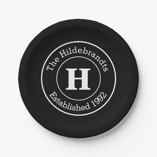 Monogram Family Surname Mod BW Personalized Round  Paper Plates (Front)