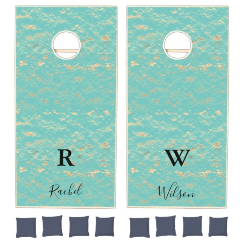 Monogram Family Teal Blue Gold Glitter Sparkling Cornhole Set