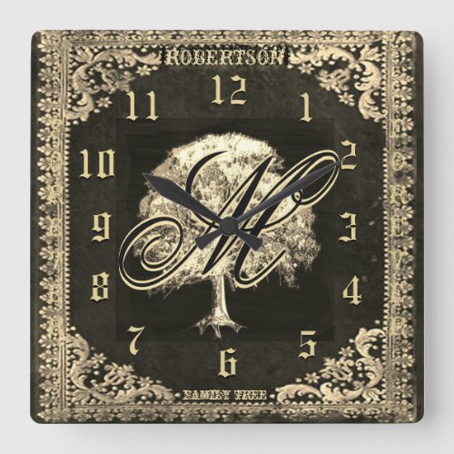 Monogram Family Tree Vintage Look Square Wall Clock