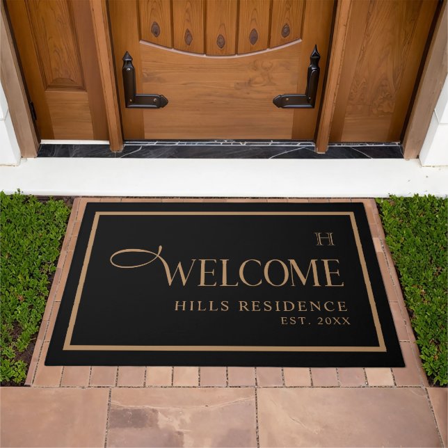Monogram Family Year Established Black Gold Doormat (Outdoor)