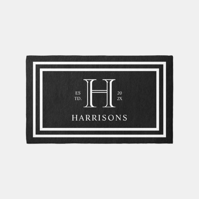 Monogram Family Year Established Black White Rug (Front)