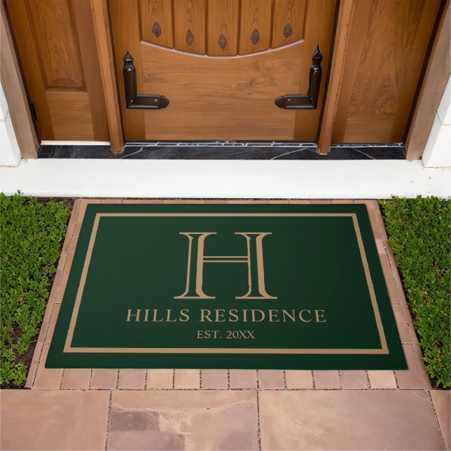 Monogram Family Year Established Gold Green Doormat (Outdoor)